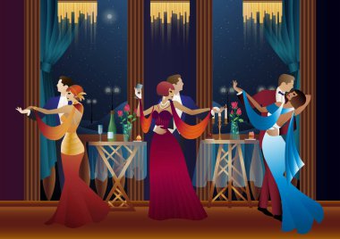 Balkonun arka planında dans eden erkek ve kadın ve fenerler, parti, sanat deco, eski tarz bir çift.