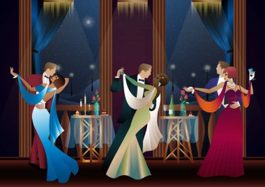 Balkonun arka planında dans eden erkek ve kadın ve fenerler, parti, sanat deco, eski tarz bir çift.