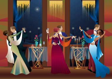 Balkonun arka planında dans eden erkek ve kadın ve fenerler, parti, sanat deco, eski tarz bir çift.