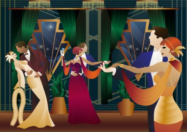 Kadın ve erkek arka planda dans ediyor. Fenerler, parti, sanat deco, eski tarz bir çift.