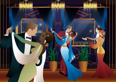 Kadın ve erkek arka planda dans ediyor. Fenerler, parti, sanat deco, eski tarz bir çift.