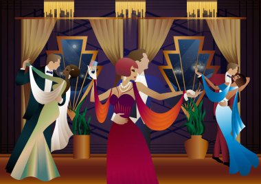 Kadın ve erkek arka planda dans ediyor. Fenerler, parti, sanat deco, eski tarz bir çift.