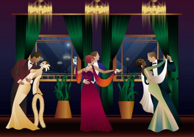 Kadın ve erkek arka planda dans ediyor. Fenerler, parti, sanat deco, eski tarz bir çift.