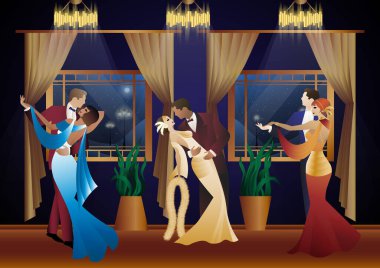 Kadın ve erkek arka planda dans ediyor. Fenerler, parti, sanat deco, eski tarz bir çift.