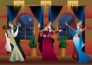 Kadın ve erkek arka planda dans ediyor. Fenerler, parti, sanat deco, eski tarz bir çift.