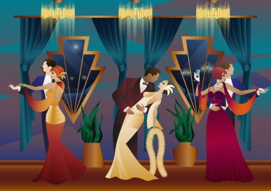 Kadın ve erkek arka planda dans ediyor. Fenerler, parti, sanat deco, eski tarz bir çift.