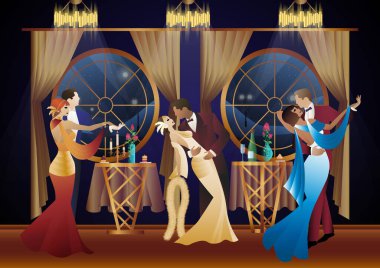 Kadın ve erkek arka planda dans ediyor. Fenerler, parti, sanat deco, eski tarz bir çift.