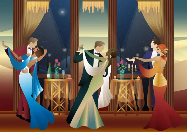 Balkonun arka planında dans eden erkek ve kadın ve fenerler, parti, sanat deco, eski tarz bir çift.