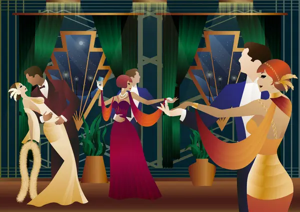 Kadın ve erkek arka planda dans ediyor. Fenerler, parti, sanat deco, eski tarz bir çift.