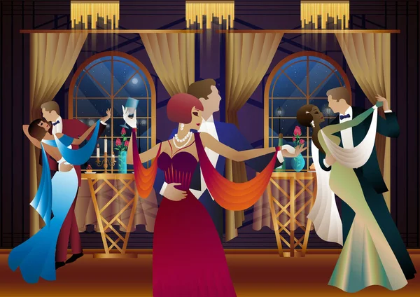 Kadın ve erkek arka planda dans ediyor. Fenerler, parti, sanat deco, eski tarz bir çift.