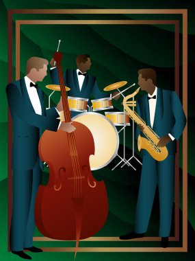 Evrensel arkaplanda caz müzisyenleri. Çift bas, saksafon, davul. Müzisyenler müzik enstrümanları çalar