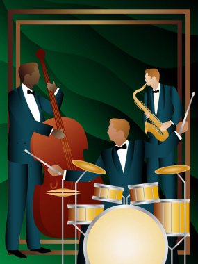 Evrensel arkaplanda caz müzisyenleri. Çift bas, saksafon, davul. Müzisyenler müzik enstrümanları çalar