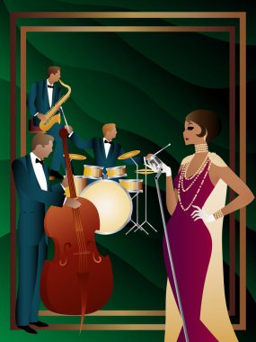 Caz müzisyenleri ve evrensel bir arka planda şarkıcı. Çift bas, saksafon, davul. Müzisyenler müzik enstrümanları çalar
