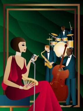 Caz müzisyenleri ve evrensel bir arka planda şarkıcı. Çift bas, saksafon, davul. Müzisyenler müzik enstrümanları çalar