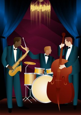 Evrensel arkaplanda caz müzisyenleri. Çift bas, saksafon, davul. Müzisyenler müzik enstrümanları çalar
