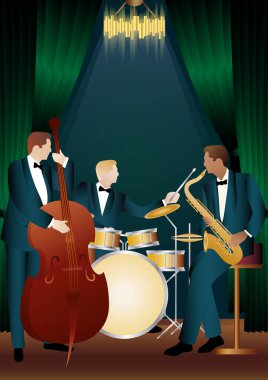 Evrensel arkaplanda caz müzisyenleri. Çift bas, saksafon, davul. Müzisyenler müzik enstrümanları çalar