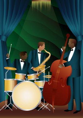 Evrensel arkaplanda caz müzisyenleri. Çift bas, saksafon, davul. Müzisyenler müzik enstrümanları çalar