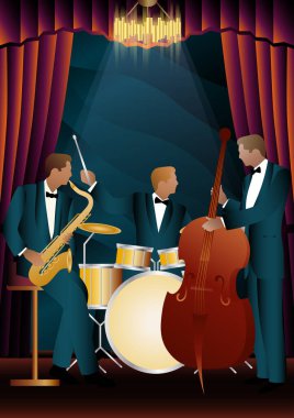 Evrensel arkaplanda caz müzisyenleri. Çift bas, saksafon, davul. Müzisyenler müzik enstrümanları çalar