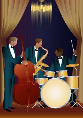 Evrensel arkaplanda caz müzisyenleri. Çift bas, saksafon, davul. Müzisyenler müzik enstrümanları çalar