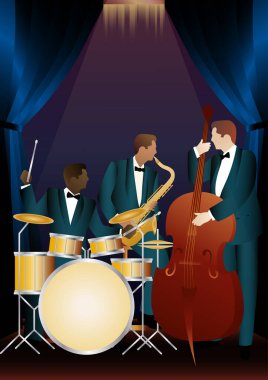Evrensel arkaplanda caz müzisyenleri. Çift bas, saksafon, davul. Müzisyenler müzik enstrümanları çalar