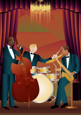 Evrensel arkaplanda caz müzisyenleri. Çift bas, saksafon, davul. Müzisyenler müzik enstrümanları çalar
