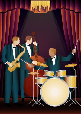 Evrensel arkaplanda caz müzisyenleri. Çift bas, saksafon, davul. Müzisyenler müzik enstrümanları çalar