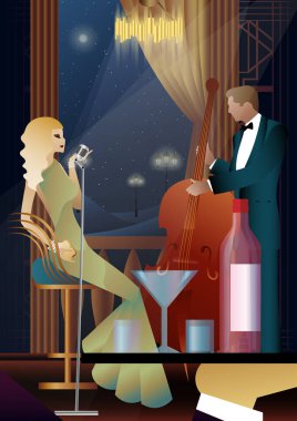 Caz müzisyenleri ve evrensel bir arka planda şarkıcı. Çift bas, saksafon, davul. Müzisyenler müzik enstrümanları çalar
