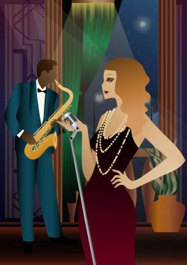 Caz müzisyenleri ve evrensel bir arka planda şarkıcı. Çift bas, saksafon, davul. Müzisyenler müzik enstrümanları çalar