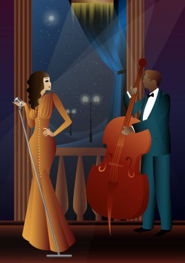Caz müzisyenleri ve evrensel bir arka planda şarkıcı. Çift bas, saksafon, davul. Müzisyenler müzik enstrümanları çalar