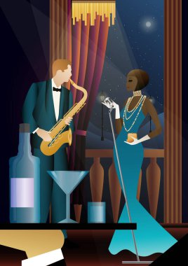 Caz müzisyenleri ve evrensel bir arka planda şarkıcı. Çift bas, saksafon, davul. Müzisyenler müzik enstrümanları çalar