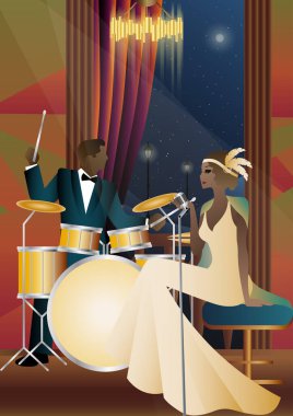 Caz müzisyenleri ve evrensel bir arka planda şarkıcı. Çift bas, saksafon, davul. Müzisyenler müzik enstrümanları çalar