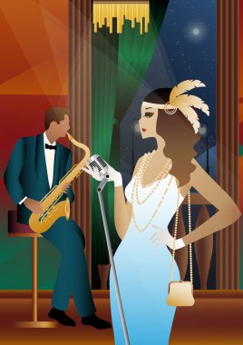 Caz müzisyenleri ve evrensel bir arka planda şarkıcı. Çift bas, saksafon, davul. Müzisyenler müzik enstrümanları çalar