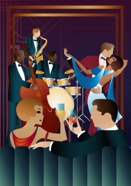 Evrensel bir arka planda caz müzisyenleri ve dansçılar. Çift bas, saksafon, davul. Müzisyenler müzik enstrümanları çalar