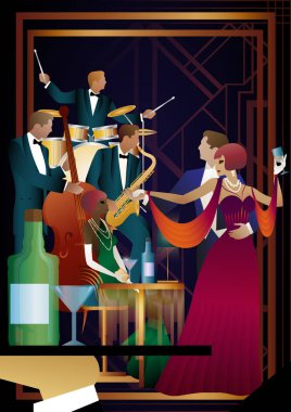 Evrensel bir arka planda caz müzisyenleri ve dansçılar. Çift bas, saksafon, davul. Müzisyenler müzik enstrümanları çalar