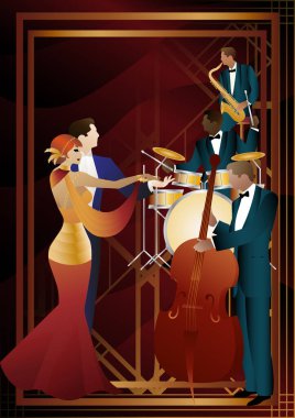 Evrensel bir arka planda caz müzisyenleri ve dansçılar. Çift bas, saksafon, davul. Müzisyenler müzik enstrümanları çalar