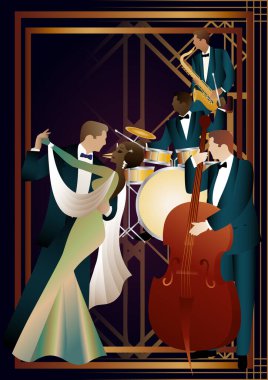 Evrensel bir arka planda caz müzisyenleri ve dansçılar. Çift bas, saksafon, davul. Müzisyenler müzik enstrümanları çalar