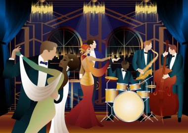 Evrensel bir arka planda caz müzisyenleri ve dansçılar. Çift bas, saksafon, davul. Müzisyenler müzik enstrümanları çalar