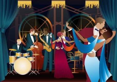 Evrensel bir arka planda caz müzisyenleri ve dansçılar. Çift bas, saksafon, davul. Müzisyenler müzik enstrümanları çalar