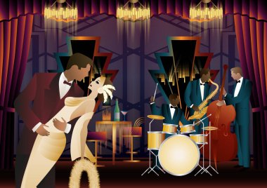 Evrensel bir arka planda caz müzisyenleri ve dansçılar. Çift bas, saksafon, davul. Müzisyenler müzik enstrümanları çalar