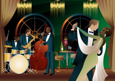 Evrensel bir arka planda caz müzisyenleri ve dansçılar. Çift bas, saksafon, davul. Müzisyenler müzik enstrümanları çalar