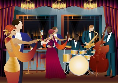 Evrensel bir arka planda caz müzisyenleri ve dansçılar. Çift bas, saksafon, davul. Müzisyenler müzik enstrümanları çalar