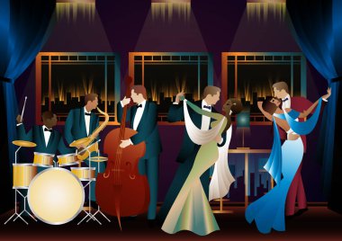 Evrensel bir arka planda caz müzisyenleri ve dansçılar. Çift bas, saksafon, davul. Müzisyenler müzik enstrümanları çalar
