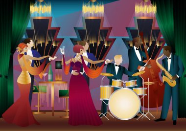 Evrensel bir arka planda caz müzisyenleri ve dansçılar. Çift bas, saksafon, davul. Müzisyenler müzik enstrümanları çalar