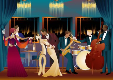 Evrensel bir arka planda caz müzisyenleri ve dansçılar. Çift bas, saksafon, davul. Müzisyenler müzik enstrümanları çalar