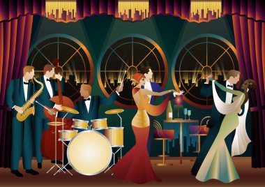 Evrensel bir arka planda caz müzisyenleri ve dansçılar. Çift bas, saksafon, davul. Müzisyenler müzik enstrümanları çalar