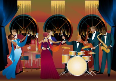 Evrensel bir arka planda caz müzisyenleri ve dansçılar. Çift bas, saksafon, davul. Müzisyenler müzik enstrümanları çalar