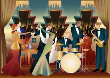 Evrensel bir arka planda caz müzisyenleri ve dansçılar. Çift bas, saksafon, davul. Müzisyenler müzik enstrümanları çalar