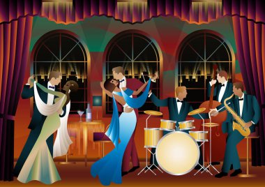 Evrensel bir arka planda caz müzisyenleri ve dansçılar. Çift bas, saksafon, davul. Müzisyenler müzik enstrümanları çalar