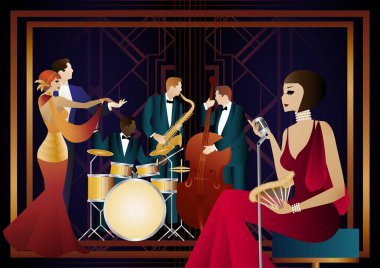 Caz müzisyenleri, şarkıcı ve dansçılar evrensel bir arkaplanda. Çift bas, saksafon, davul. Müzisyenler müzik enstrümanları çalar