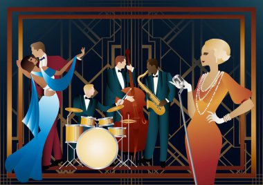 Caz müzisyenleri, şarkıcı ve dansçılar evrensel bir arkaplanda. Çift bas, saksafon, davul. Müzisyenler müzik enstrümanları çalar